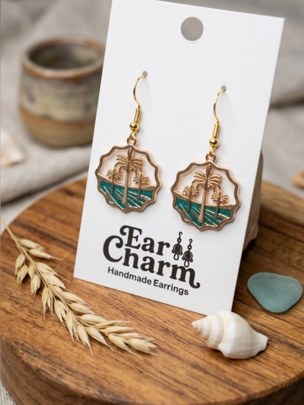 New - Gold Palm Tree Dangle Earrings with Teal Accent